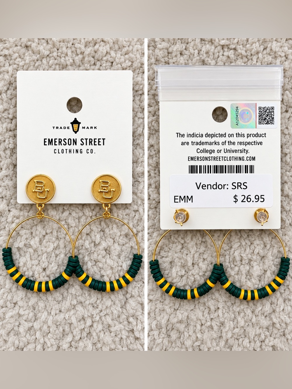Emerson Street Clothing Co. Baylor University Earrings Green and Gold